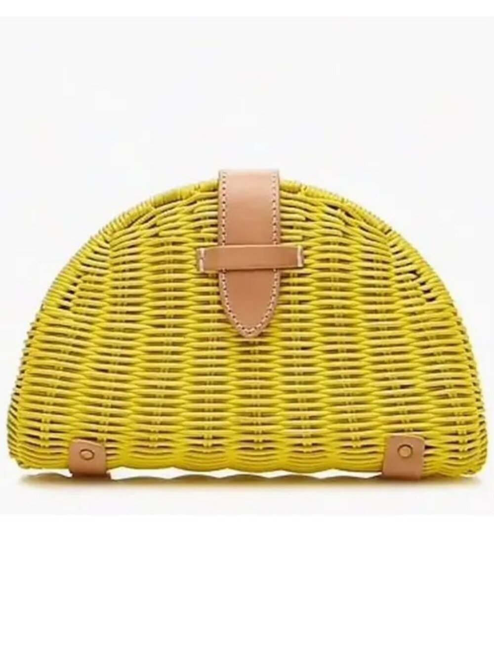 J.CREW Yellow Wicker Half Moon Clutch Straw Rattan Bag Leather Tab
